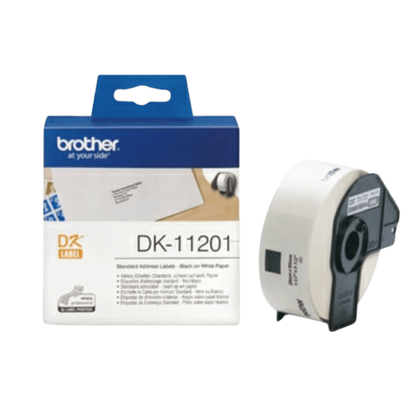 Brother Original DK11201 29 x 90 mm, 400 st. Svart text / Vit tejp