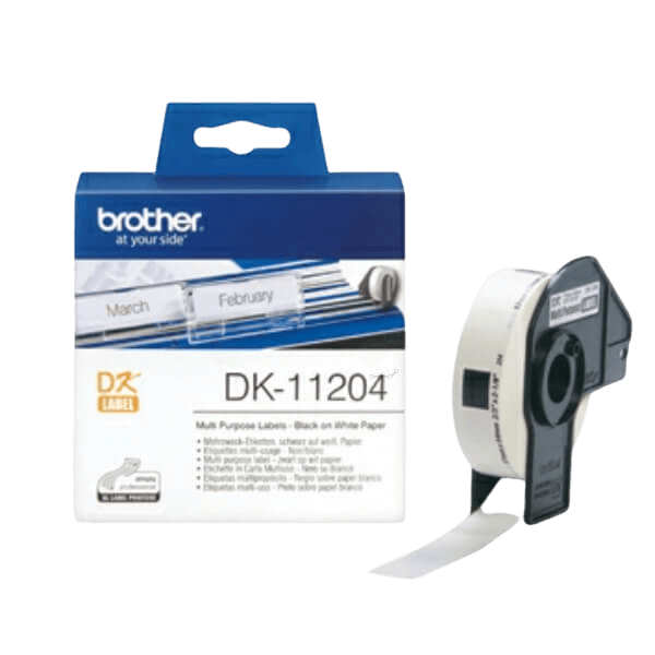 Brother Original DK11204 17 x 54 mm, 400 st. Svart text / Vit tejp
