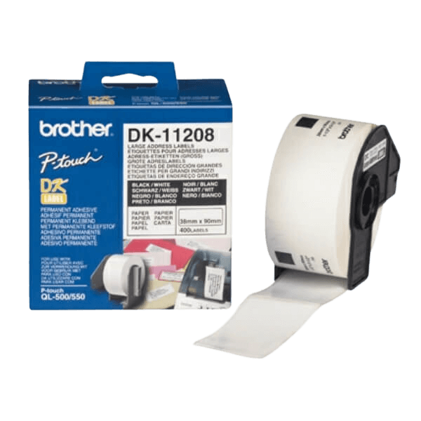 Brother Original DK11208 38 x 90 mm, 400 st. Svart text / Vit tejp