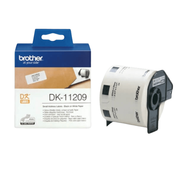 Brother Original DK11209 29 x 62 mm, 800 st. Svart text / Vit tejp