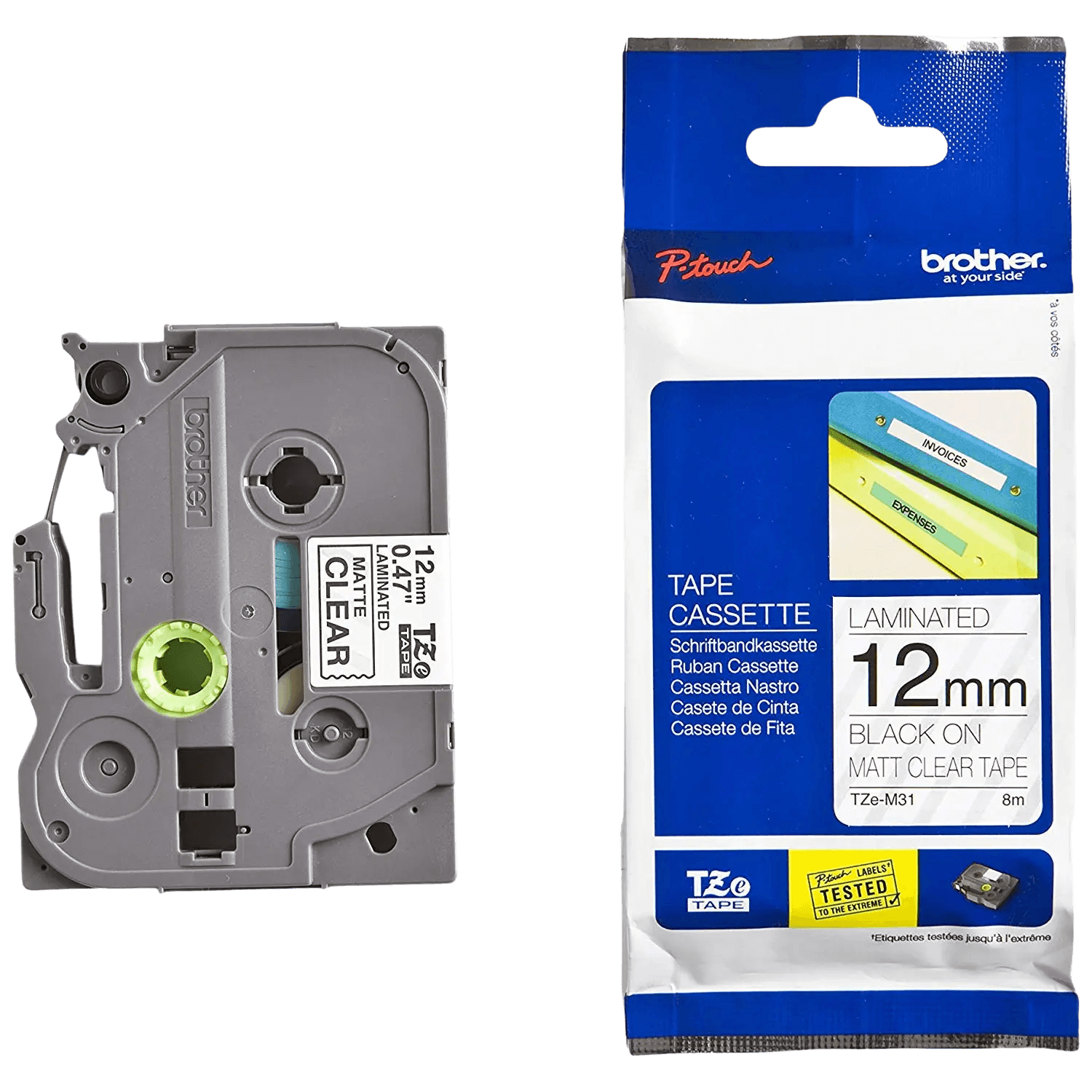 PixoJet Brother TZe131 12 mm x 8 m Svart text / Genomskinlig tejp