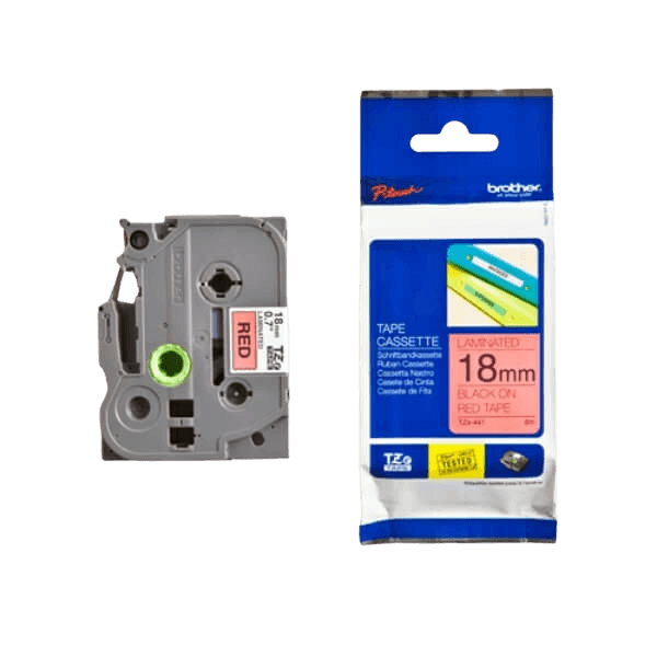 Brother Original TZe441 18 mm x 8 m Svart text / Röd tejp