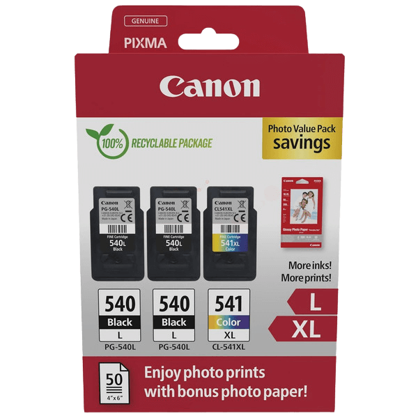 Canon Original 2x PG-540L + CL-541XL + papper 5224B015 CMYK rabattpaket | Innehåll: 2x 11 + 15 ml.