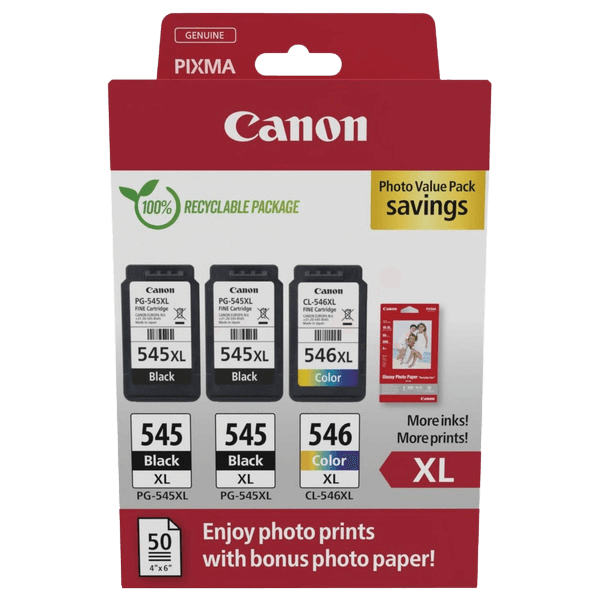Canon Original 2x PG-545XL + CL-546XL + papper 8286B015 CMYK rabattpaket | Innehåll: 2x 15 + 13 ml.