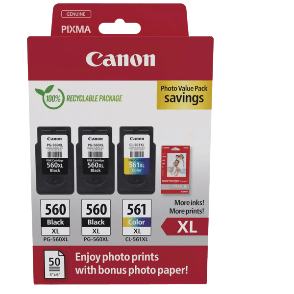 Canon Original 2x PG-560XL + CL-561XL + papper 3712C012 CMYK rabattpaket | Innehåll: 2x 14,3 + 12,2 ml.