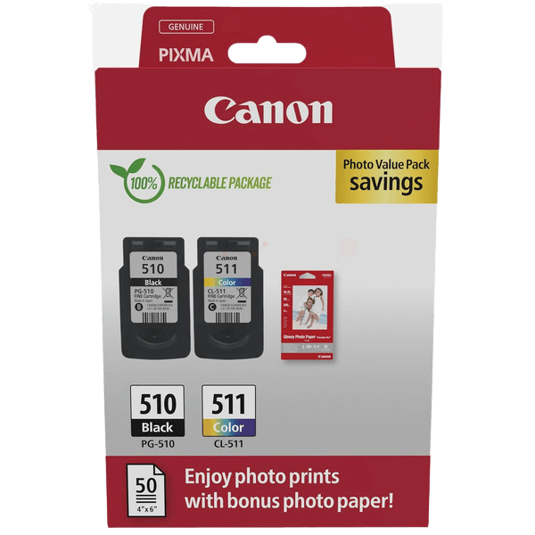 Canon Original PG-510 + CL-511 + papper 2970B017 CMYK rabattpaket | Innehåll: 9 + 9 ml.
