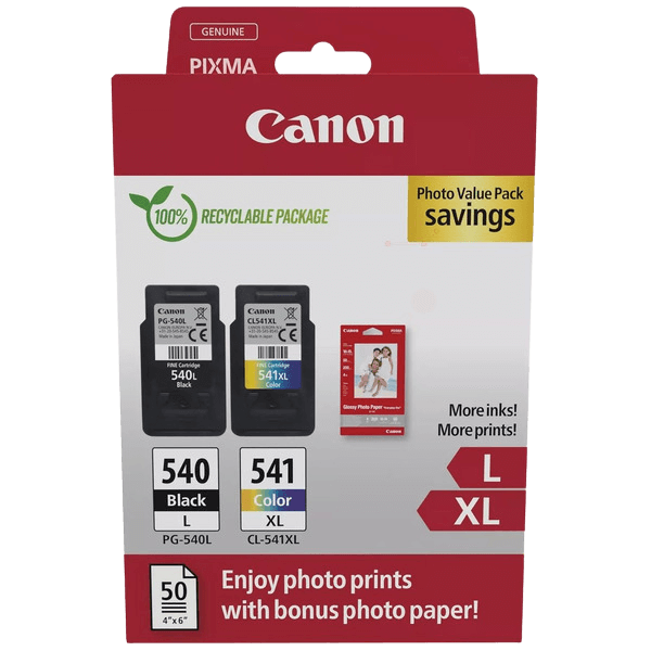 Canon Original PG-540L + CL-541XL + papper 5224B012 CMYK rabattpaket | Innehåll: 11 + 15 ml.
