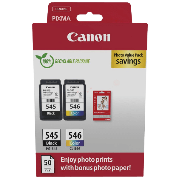 Canon Original PG-545 + CL-546 + papper 8287B008 CMYK rabattpaket | Innehåll: 8 + 8 ml.