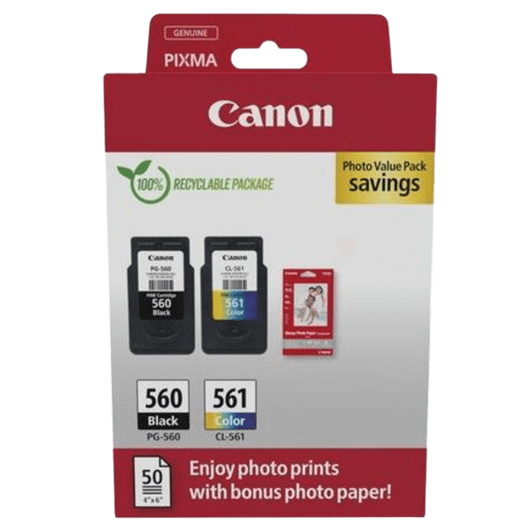 Canon Original PG-560 + CL-561 + papper 3713C008 CMYK rabattpaket | Innehåll: 7,5 + 8,3 ml.
