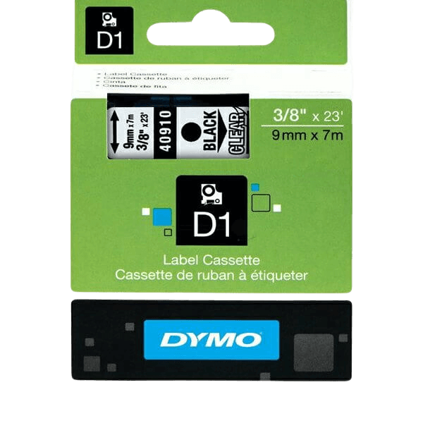 Dymo Original D1 40910 S0720670 9 mm x 7 m Svart text / Genomskinlig tejp