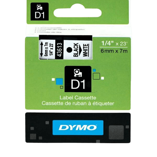 Dymo Original D1 43613 S0720780 6 mm x 7 m Svart text / Vit tejp