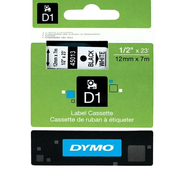Dymo Original D1 45013 S0720530 12 mm x 7 m Svart text / Vit tejp