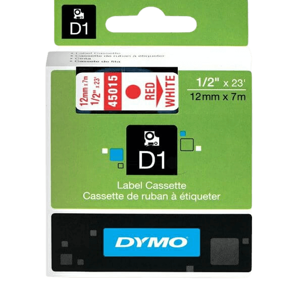 Dymo Original D1 45015 S0720550 12 mm x 7 m Röd text / Vit tejp