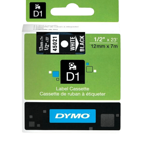 Dymo Original D1 45021 S0720610 12 mm x 7 m Vit text / Svart tejp