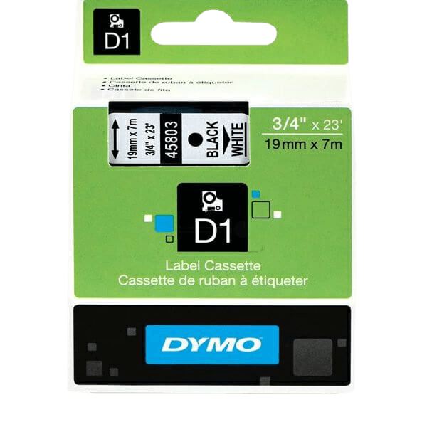 Dymo Original D1 45803 S0720830 19 mm x 7 m Svart text / Vit tejp