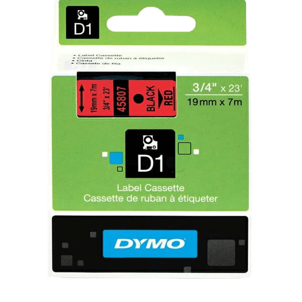 Dymo Original D1 45807 S0720870 19 mm x 7 m Svart text / Röd tejp