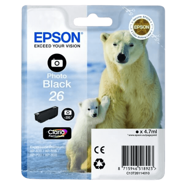Epson Original 26 C13T26114012 foto svart bläckpatron | Innehåll: 4,7 ml.