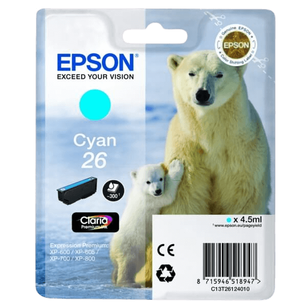 Epson Original 26 C13T26124012 cyan bläckpatron | Innehåll: 4,5 ml.