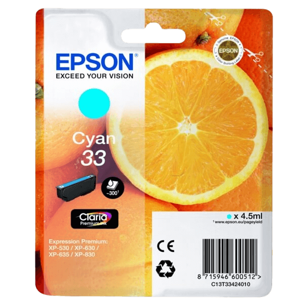 Epson Original 33 C13T33424012 cyan bläckpatron | Innehåll: 4,5 ml.