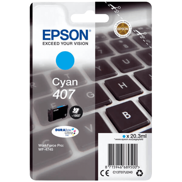 Epson Original 407 C13T07U240 cyan bläckpatron | Innehåll: 20,3 ml.