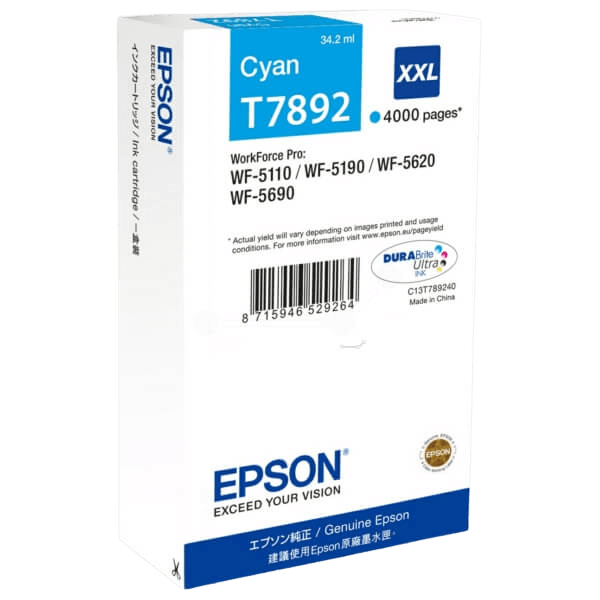 Epson Original T7892 C13T789240 XXL cyan bläckpatron | Innehåll: 34,2 ml.